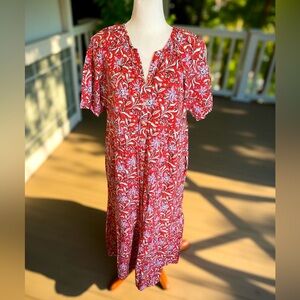 Loft Ann Taylor floral midi shift dress cotton size large button down red pink